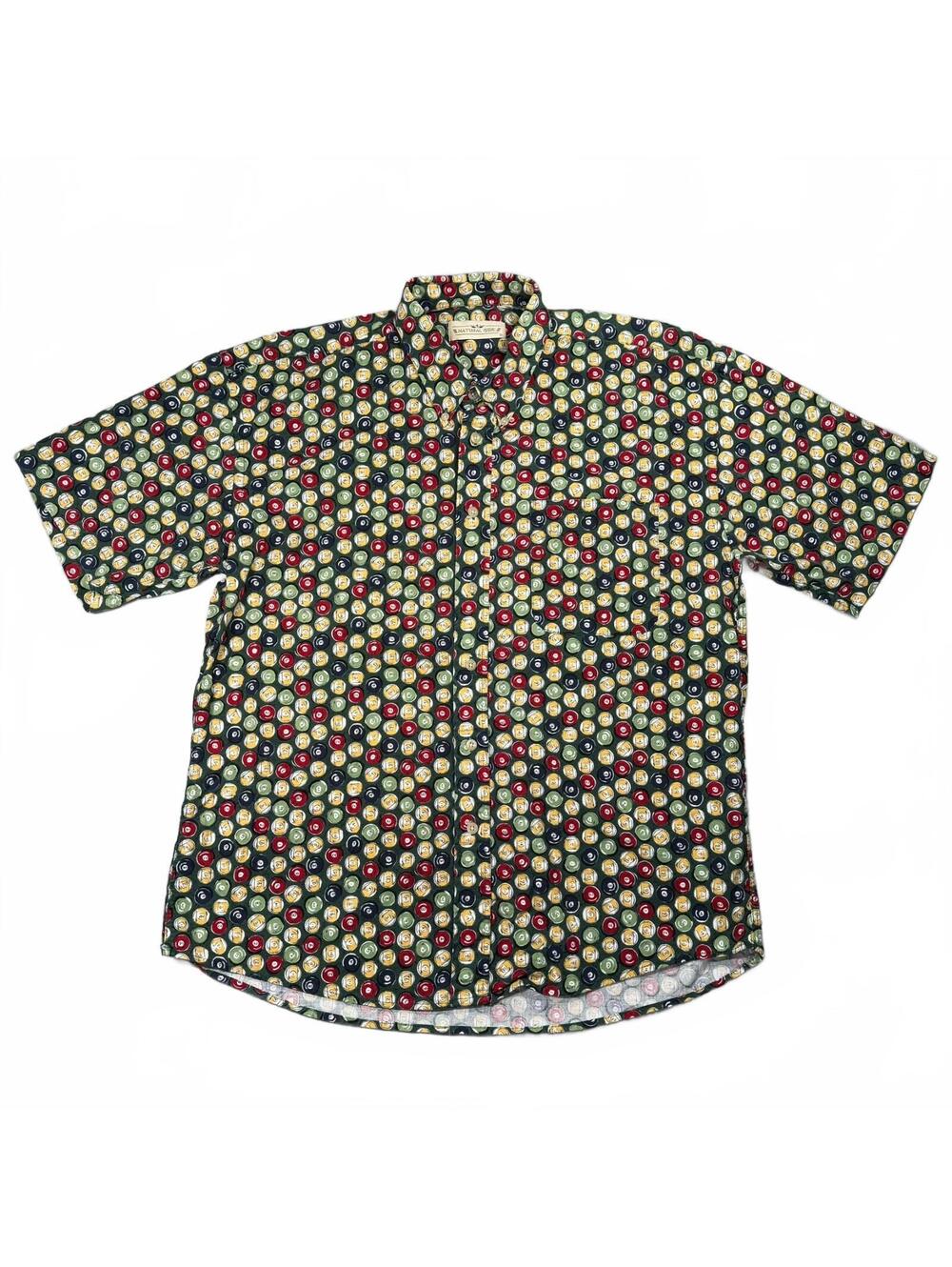 Vintage 1990s Natural Issue Billiard Pool Ball Novelty Print Button Up Shirt L